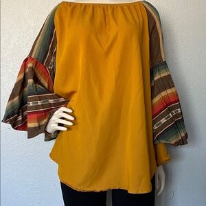 L&B Lucky & Blessed Western Top M Gold Yellow Aztec Sleeves Rodeo